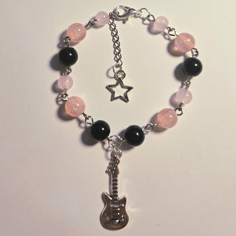 Handmade Silver Guitar Charm Bracelet with Pink and Black Beads